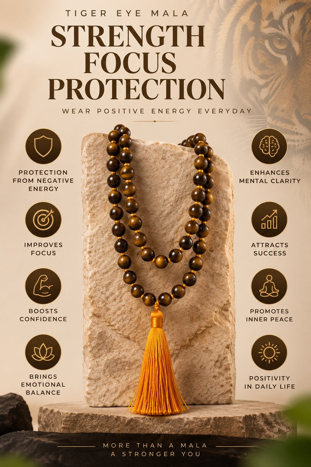 Natural Tiger Eye Mala for Strength, Focus & Protection