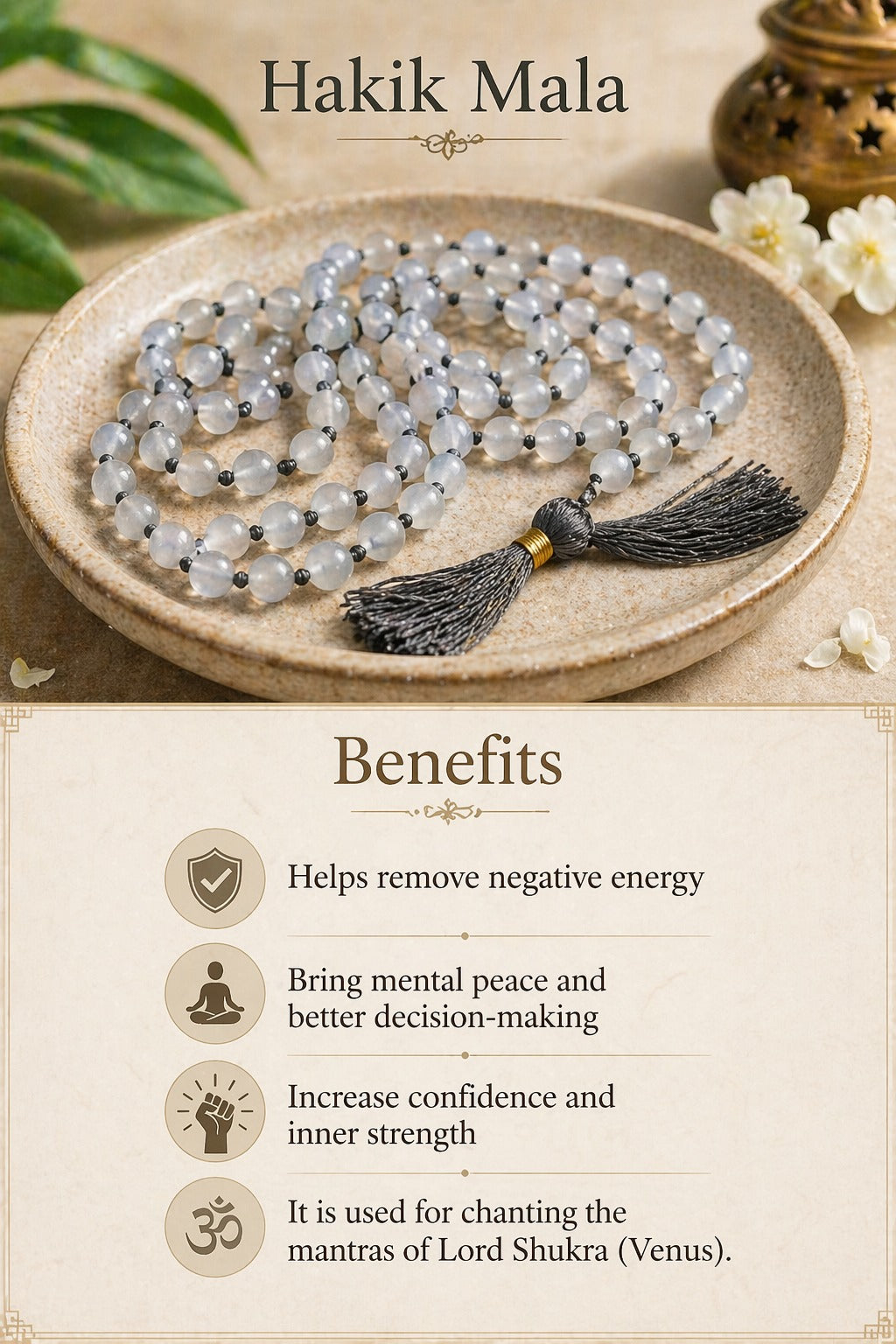 Grey Hakik Certified Mala