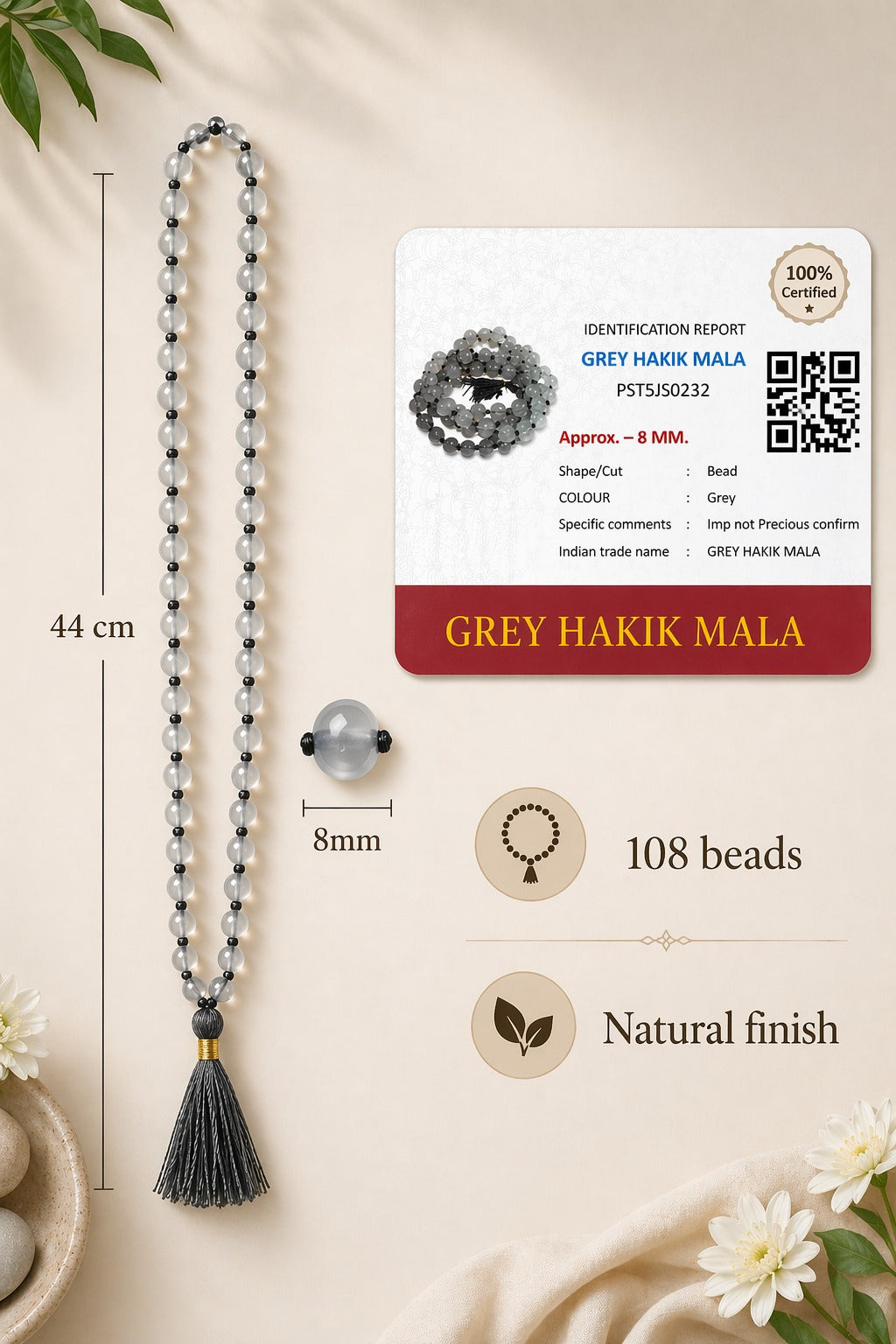 Grey Hakik Certified Mala