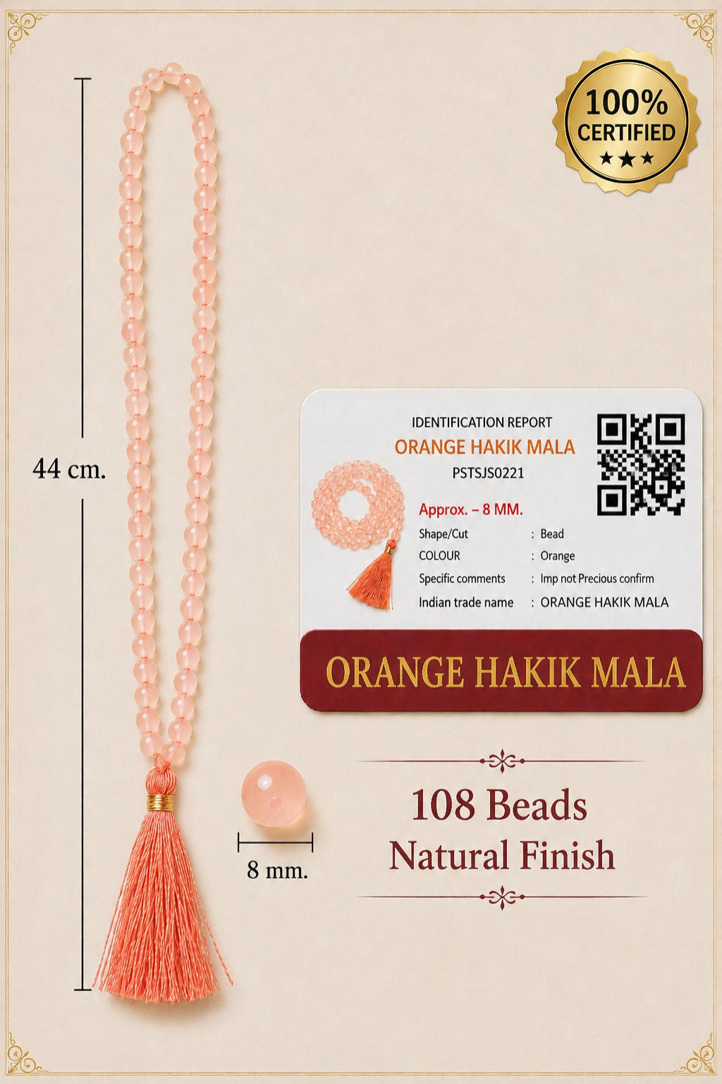 Orange Hakik Certified Mala