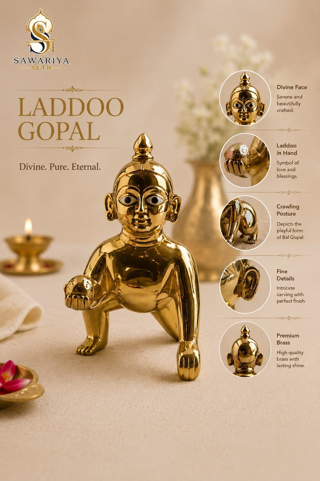 Pure Brass Laddu Gopal Idol 6 Inch