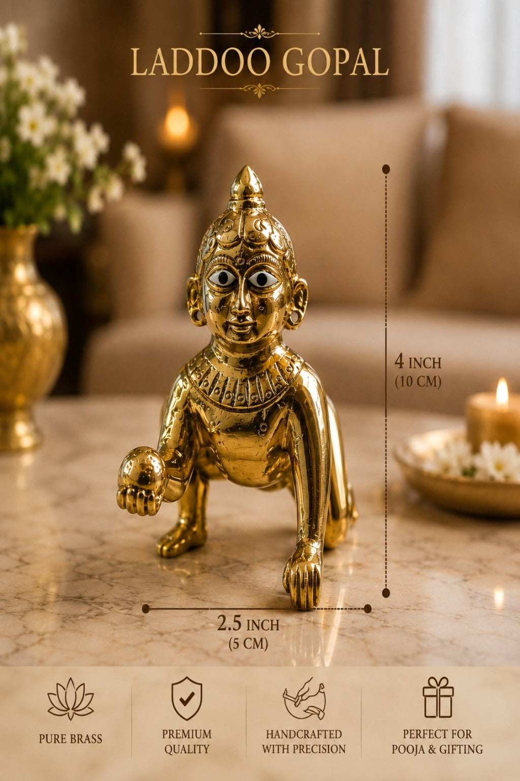 Pure Brass Laddu Gopal Idol 4 Inch