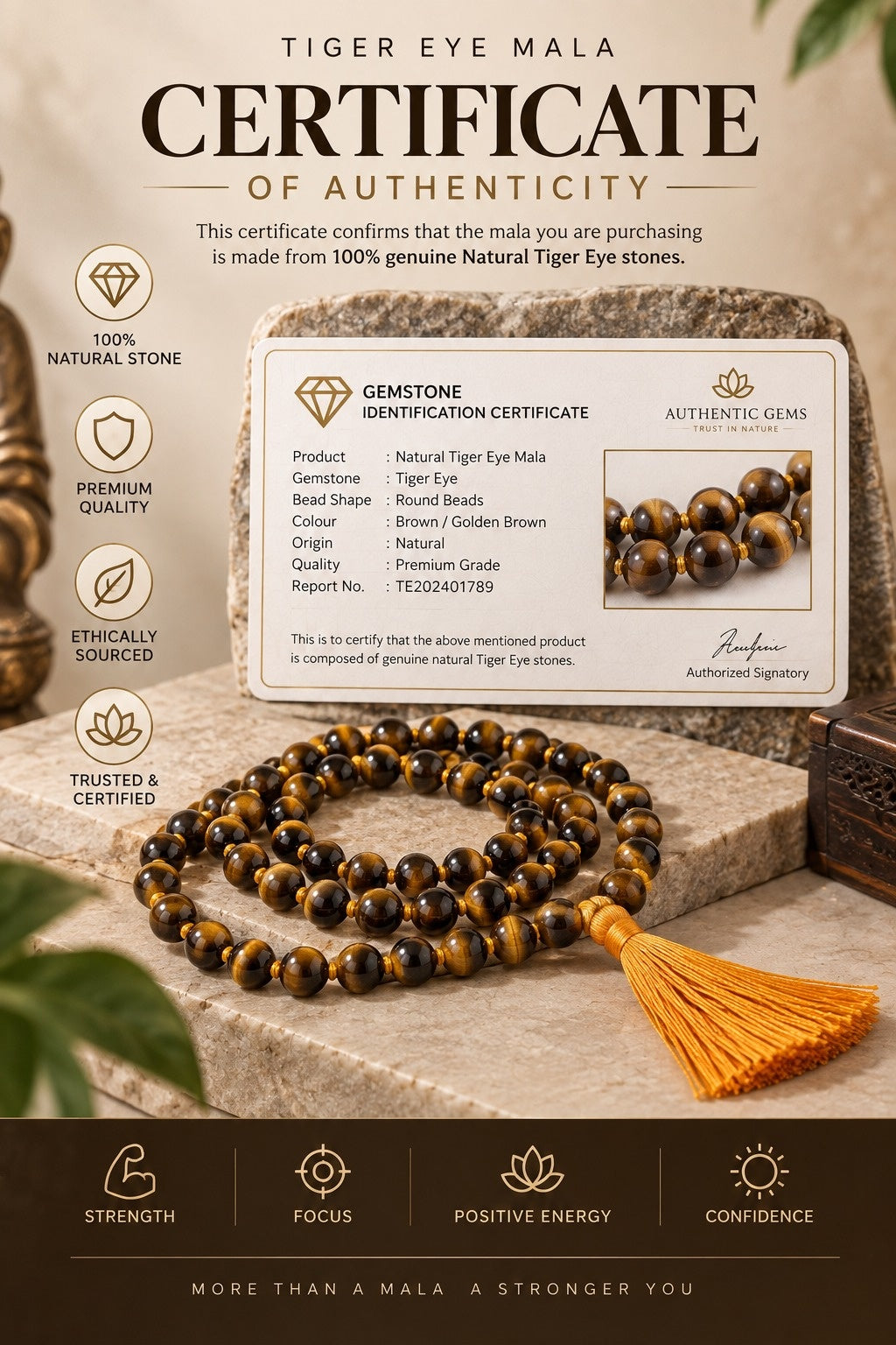 Natural Tiger Eye Mala for Strength, Focus & Protection